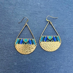 Beaded Triangle Teardrop Earrings, Blue Green Matte, Transparent Glass Beads, Beadwork Jewelry Design, Gold Plated Beads, Birthday Gifts Her