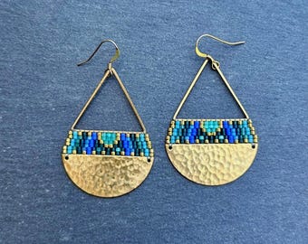Messing Triangle Teardrop Ohrringe: Miyuki Glasperlen, Blau Türkis Gold, Große Ohrringe