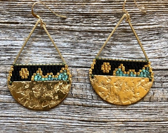 Beaded Brass Triangle Teardrops - Black & Turquoise Landscape (large) Handwoven Beaded Seed Bead Earrings