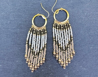 Seed Bead Fringe Hoop Earrings: Handwoven Gold Brass Beads