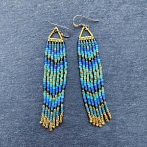 Blue Green Glass Seed Bead Fringe Tassel Earrings, 24k Bright Gold Plated Beads, Handwoven High Quality Beadwork, Lightweight Dangle Earring
