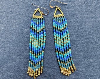 Handwoven Blue Green Beaded Fringe Tassel Earrings: 24K Plated Gold Glass Beads