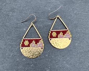 Beaded Brass Triangle Teardrop Earrings: Miyuki Glass Seed Beads, Matte Maroon Gold Landscape, Medium Size