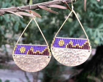 Messing Triangle Teardrop Ohrringe: Miyuki Glasperlen, Lila Braun Landschaft, Große Ohrringe