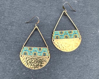 Handwoven Seed Bead Earrings: Bright Green Aqua, Gold Raw Brass