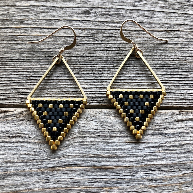 Beaded Triangle Drops Gold & Black Handwoven Beaded Seed Bead Earrings image 1