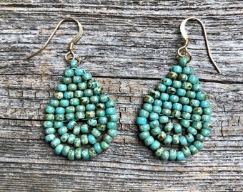 Dew Drop - Turquoise (SM) - Handwoven Teardrop Beaded Seed Bead Earrings