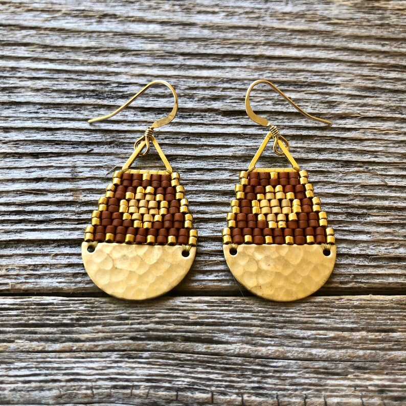 Beaded Brass Sun Triangle Teardrops Matte Terracotta with Gold Sun Handwoven Beaded Seed Bead Earrings image 3