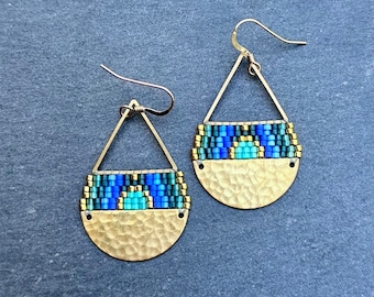 Beaded Brass Triangle Teardrop Earrings: Miyuki Glass Seed Beads, Blue Green Gold, Medium Size