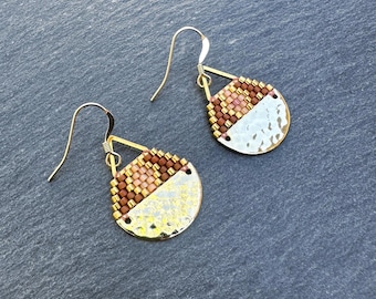 Beaded Brass Triangle Teardrop Earrings: Terracotta Diamond Design, Small Size