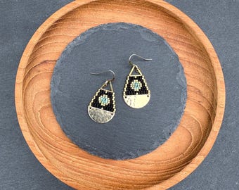 Handwoven Seed Bead Earrings: Turquoise Sun, Matte Black Beads