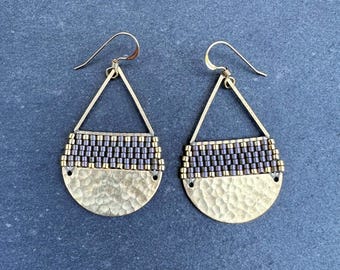 Beaded Brass Triangle Teardrop Earrings: Olive Glass Seed Beads, 24K Gold Plated, Medium Size