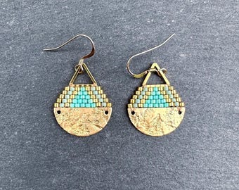 Beaded Brass Triangle Teardrop Earrings: Miyuki Glass Seed Beads, Matte Sage Green, Small Size