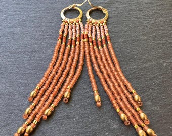 Seed Bead Fringe Hoop Earrings: Handwoven Glass Brass Beads, Topaz Orange Gold