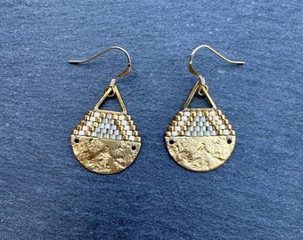 Beaded Brass Triangle Teardrop Earrings: Miyuki Glass Seed Beads, Crystal White, Small Size