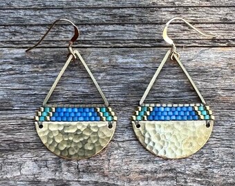 Beaded Brass Triangle Teardrops in Silky Delphinium Blue & Green (MED) - Handwoven Seed Bead Earrings