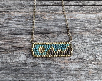 Beaded Landscape Pendant Bar Necklace in Turquoise & Olive with 14k gold filled chain