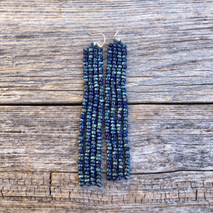 Handwoven Beaded Fringe Tassel Earrings: Indigo Glass Seed Beads With Sterling Silver Ear Wires