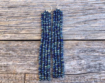 Flat Top Fringe - Indigo - Handwoven Seed Bead Beaded Fringe Earrings