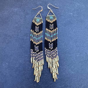Triangle Fringe Tassel Seed Bead Earrings, Olive Turquoise Black Gold, Handwoven Glass Beaded Jewelry, High Quality Unique Beadwork Gift