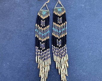 Handwoven Triangle Fringe Seed Bead Earrings: Miyuki Glass Beadwork, Ethiopian Brass Beads