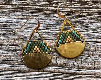 Beaded Brass Triangle Teardrop Earrings: Handwoven Seed Beads, Turquoise Olive Gold, Small Size