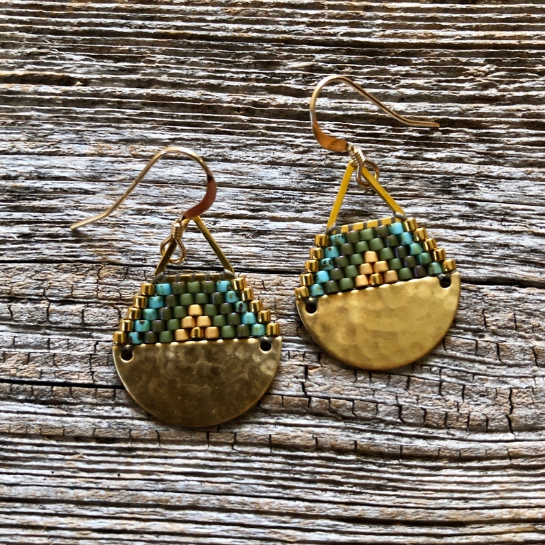 Beaded Brass Triangle Teardrops Olives, Turquoise & Gold Handwoven Beaded Seed Bead Earrings image 1
