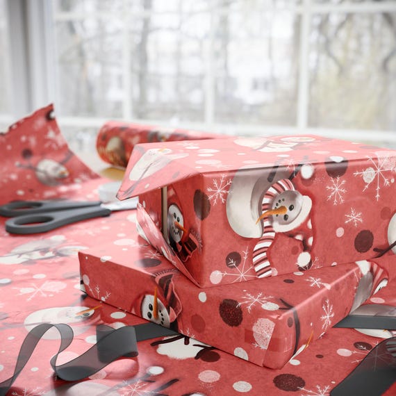 Snowman Pattern Wrapping Paper | Red Snowflake Holiday Gift Wrap