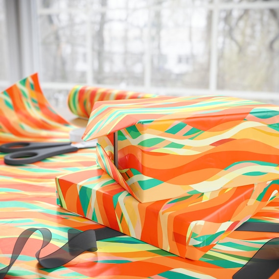 Retro Wavy Stripes Wrapping Paper | Orange Teal Abstract Pattern