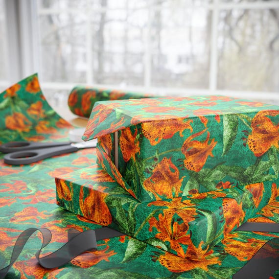 Orange Lily Floral Pattern Wrapping Paper | Floral Gift Wrap Roll