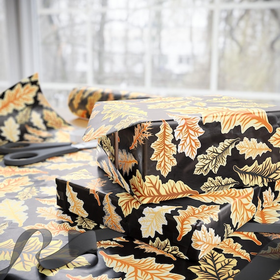 Autumn Leaf Pattern Wrapping Papers | Fall Leaves Gift Wrap, Black Gold Foliage