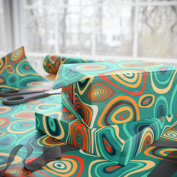 Teal Retro Swirl Wrapping Paper | Abstract 60s Mod Pattern