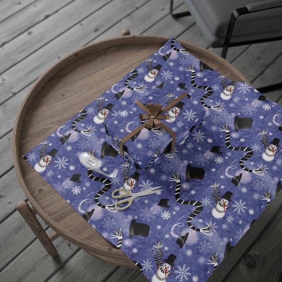 Snowman Scarf Magical Hat Pattern Wrapping Paper | Blue Snowflakes Holiday Wrap