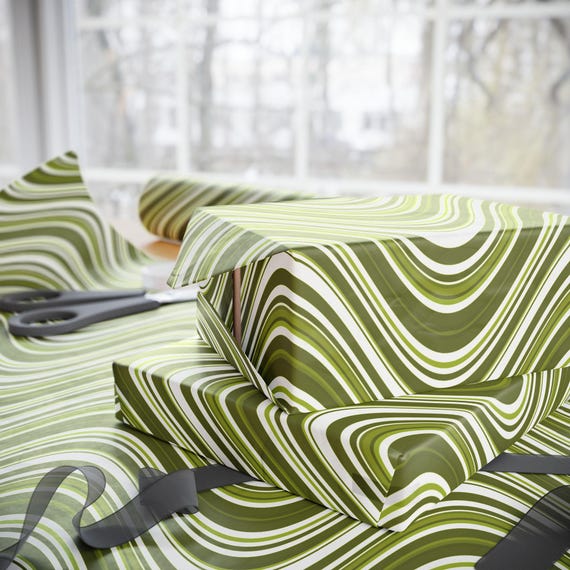 Olive Green Wavy Stripe Wrapping Paper | Roll, Modern Abstract Pattern