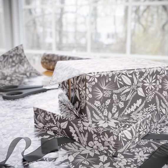 Gray Winter Botanical Pattern Wrapping Paper | Floral Leaves Holiday Wrap