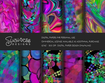10 Vibrant Abstract Digital Scrapbook Paper Designs - 12"x12" Dorm Art Print- Non-Repeating