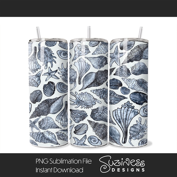 Seashell Design in Blue- Seamless digital download design PNG file for a 20 oz Skinny Tumbler sublimation wrap