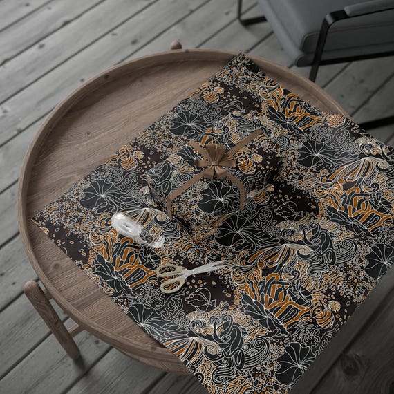 Corals Octopus Abstract Wrapping Paper | Black Gold Patterned Gift Wrap