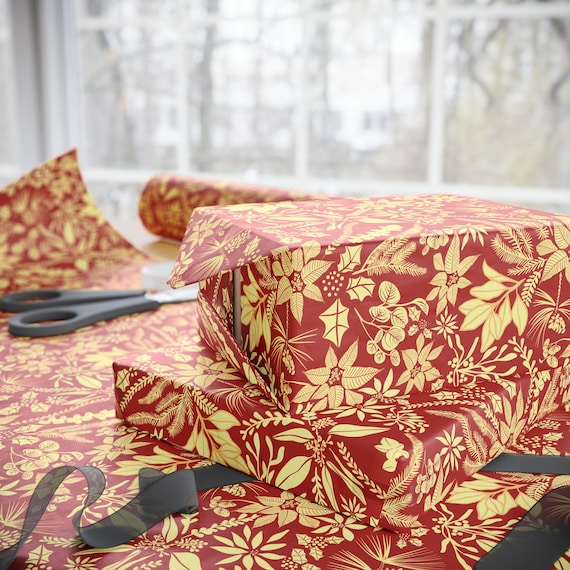 Gold Poinsettia Pattern Wrapping Paper | Red Floral Gift Wrap, Holiday Christmas