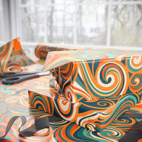 Retro Swirl Pattern Wrapping Paper | Orange Teal Floral Motif