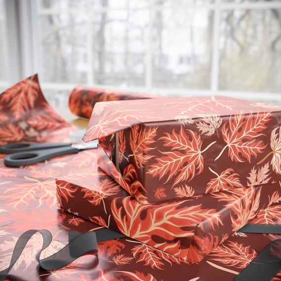 Autumn Feather Pattern Wrapping Paper | Fall Leaves Gift Wrap Roll