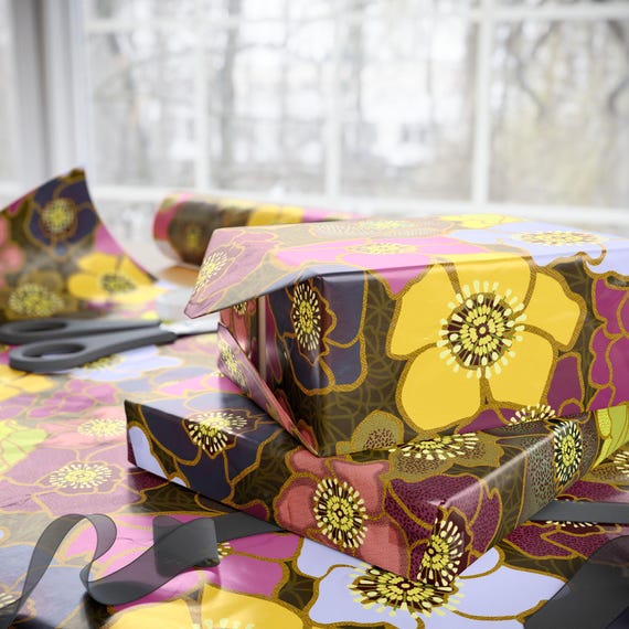 Retro Floral Pattern Wrapping Paper | Bold Poppies, Olive Green Background