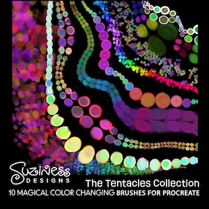 May include: A set of 10 digital brushes for Procreate, called "The Tentacles Collection". The brushes are designed to create colorful, swirling, and organic shapes. The image shows a variety of brush strokes in different colors, including pink, purple, blue, green, and yellow.