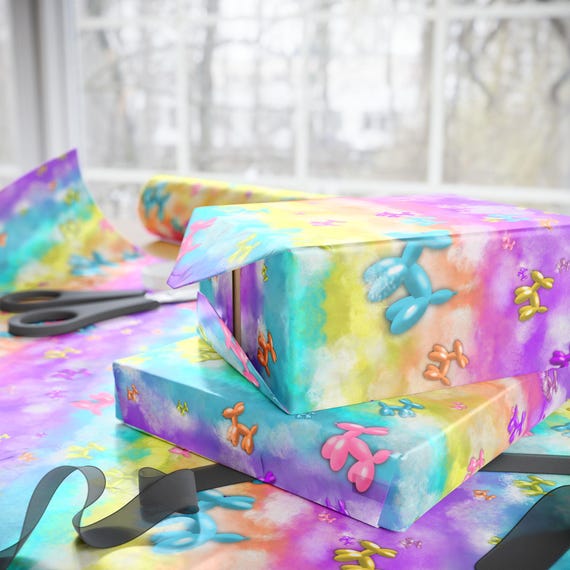 Pastel Balloon Dog Pattern Wrapping Paper | Rainbow Skies
