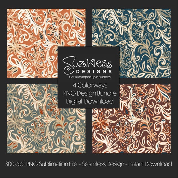 4 Design Arts & Crafts Style Floral PNG Bundle Deal - Seamless digital download design PNG file for a 20 oz Skinny Tumbler sublimation wrap