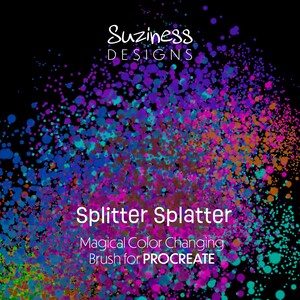 May include: A digital art design with a black background and a colorful splatter effect. The design features the text "Suziness DESIGNS" in white script, and "Splitter Splatter" in white block letters. Below, it reads "Magical Color Changing Brush for PROCREATE".