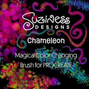 May include: A digital art brush for Procreate called "Chameleon" by Suziness Designs. The brush is described as "Magical Color Changing". The image features a colorful background with swirls and dots.