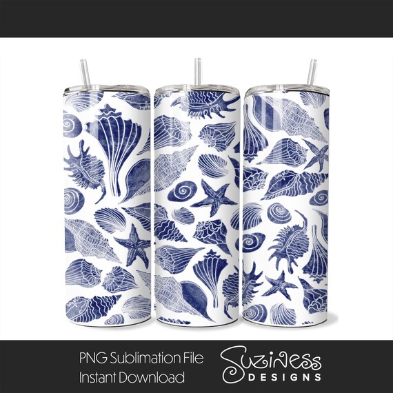 Seashells Stencil Design- Seamless digital download design PNG file for a 20 oz Skinny Tumbler sublimation wrap