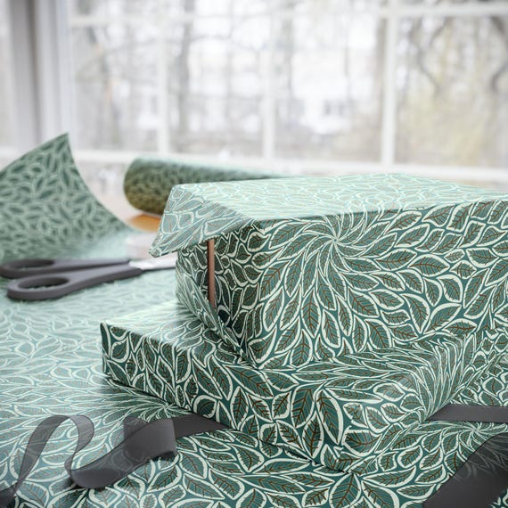 Teal Leaf Swirl Wrapping Paper | Botanical Pattern, Recycled Paper