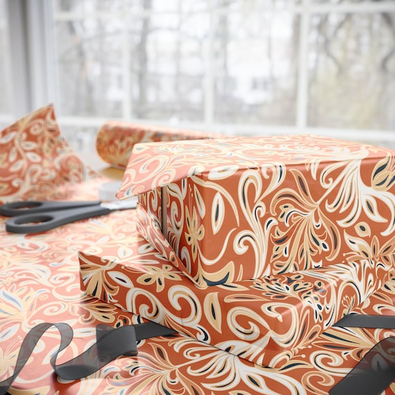 Retro Floral Swirl Wrapping Paper | Orange Paisley Pattern